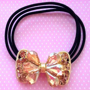 Bow Scrunchie Gold Tone Hair Tie Elastic Triple Band Ribbon Rhinestone 3 INCHES